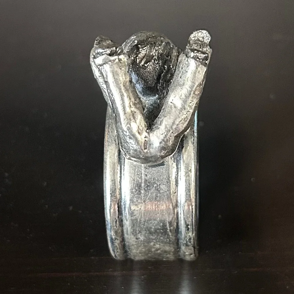 Hudson Walli Pewter Napkin Ring Brutalist Boy Playing Figurine Silver Tone USA